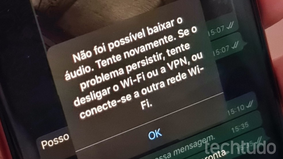 “Não foi possível baixar o áudio”, alerta WhatsApp nesta quarta-feira (01) — Foto: Thássius Veloso/TechTudo