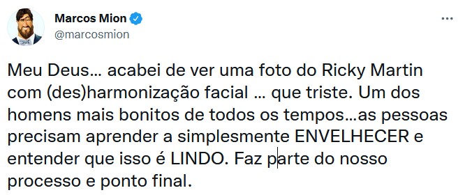 Marcos Mion reprova harmonização facial de Ricky Martin  (Foto: Reprodução/Twitter)