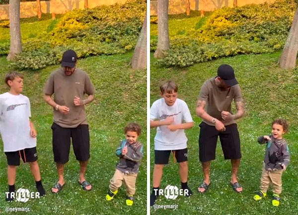 Davi Lucca com seu pai, Neymar, e seu irmão mais novo, Valentin, dançando nos stories do jogador (Foto: Reprodução/Instagram)