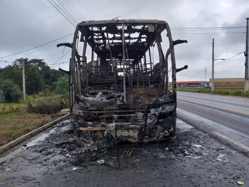 Chamas foram contidas pelos bombeiros, mas ainda assim coletivo ficou destruído na Bahia — Foto: Site Bahia Extremo Sul