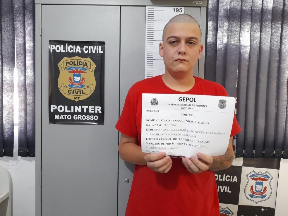 Um dos suspeitos, Gustavo Henrique Nilson Albues, é o que aparece no vídeo agredindo a vítima — Foto: Polícia Civil de Mato Grosso