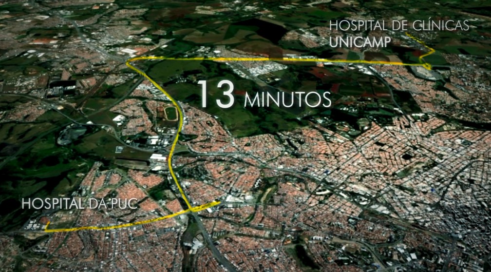 Policiais militares fizeram o trajeto de 22km entre um hospital e outro em Campinas (SP) em 13 minutos (Foto: Reprodução/EPTV)
