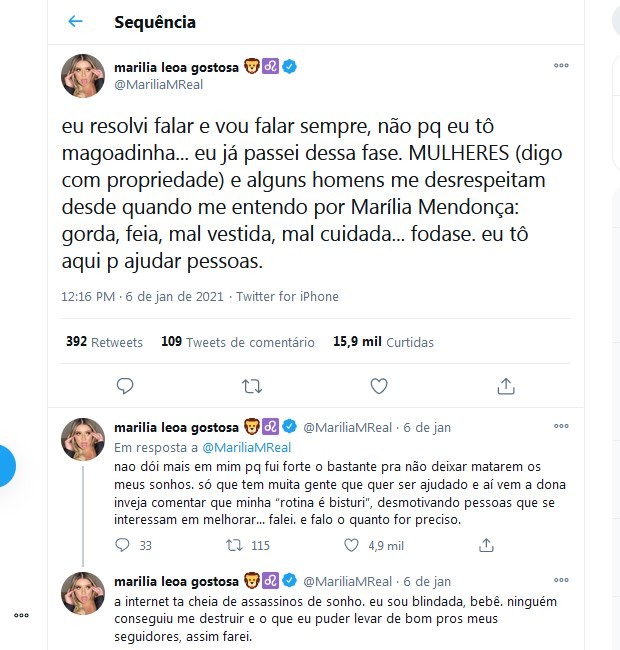 Tweets de Marilia Mendonça (Foto: Reprodução/Twitter)