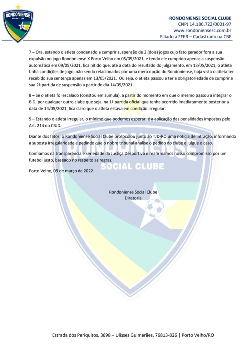 Caso Yan Philippe: Confira a segunda parte da nota do Rondoniense — Foto: Divulgação