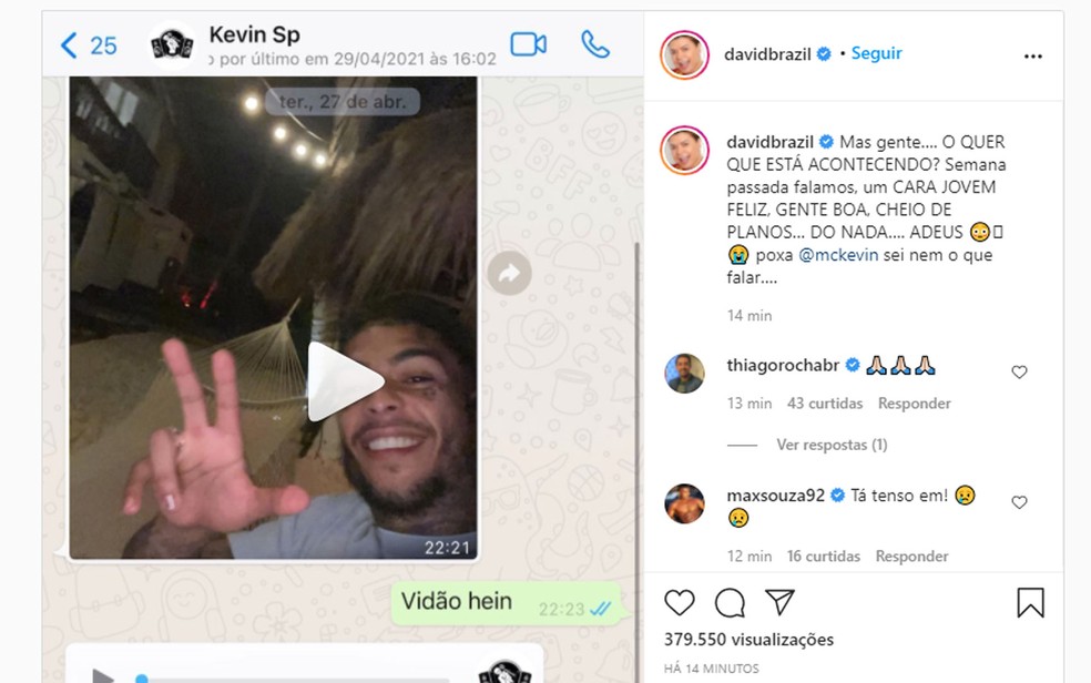 David Brazil compartilhou print de conversa com MC Kevin, neste domingo (16) — Foto: Reprodução/Instagram/DavidBrazil