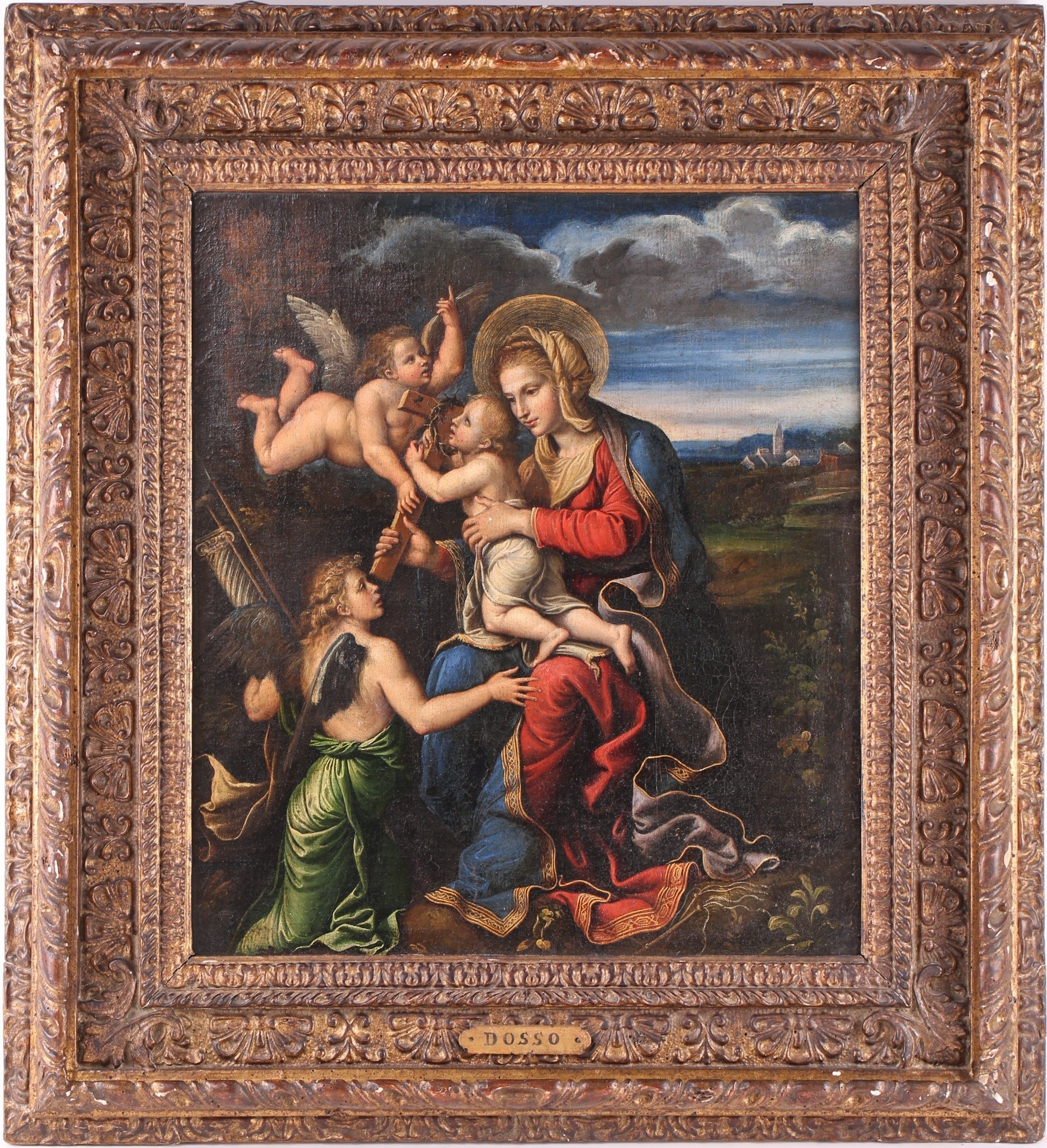 Representação da Madona e do Menino com anjos assistentes, em paisagem, óleo sobre tela, 50 cm x 43,5 cm em moldura de talha dourada. (Foto: Divulgação: Dawsons)