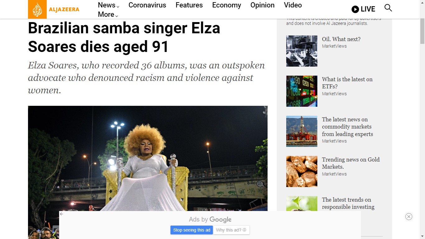 Morte de Elza Soares repercute na Al Jazeera (Foto: Reprodução)