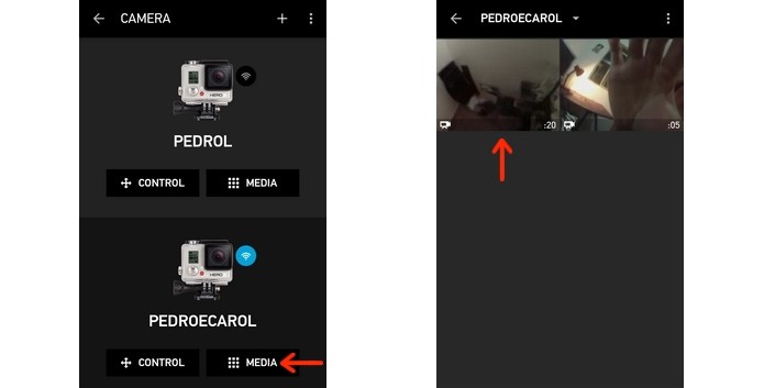 À esquerda, destaque para botão Media da GoPro. Vídeos armazenados na câmera à direita (Foto: Reprodução/Raquel Freire)