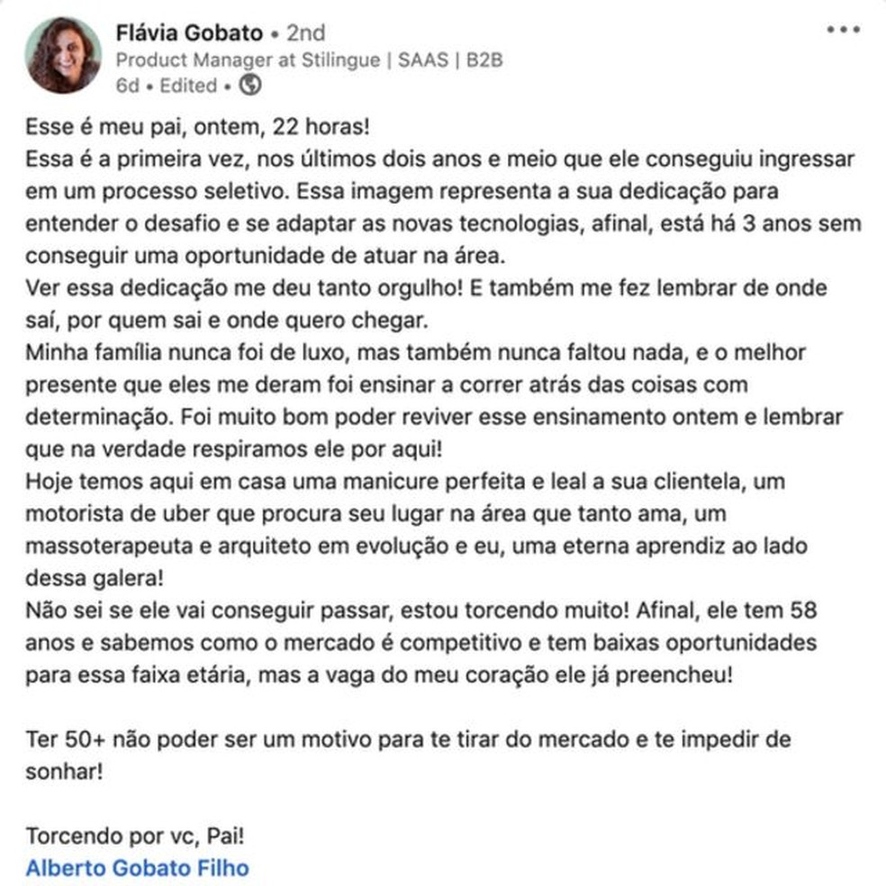 Mensagem publicada por Flavia Gobato, filha de Alberto, no LinkedIn — Foto: Reprodução/LinkedIn