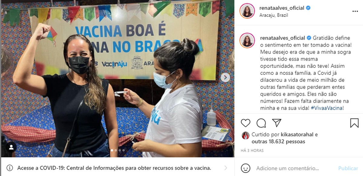 Apresentadora Renata Alves recebe vacina contra a Covid-19 (Foto: Reprodução/Instagram)