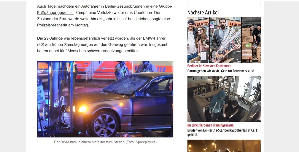 Imprensa alemã registrou acidente que terminou com morte de brasileira — Foto: Reprodução / BZ-Berlin