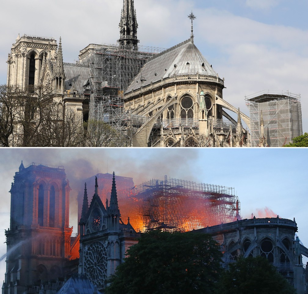 Comparativo mostra imagem de arquivo com o incêndio ocorrido nesta segunda-feira (15) na Catedral de Notre-Dame, em Paris — Foto: Ludovic Marin/AFP; Michel Euler/AP