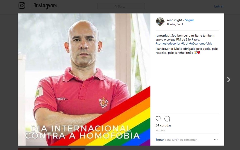 'Sou bombeiro militar e também apoio o colega PM de São Paulo', postou um agente de segurança na página do Renosp-LGBT no Instagram (Foto: Reprodução/Renosp)