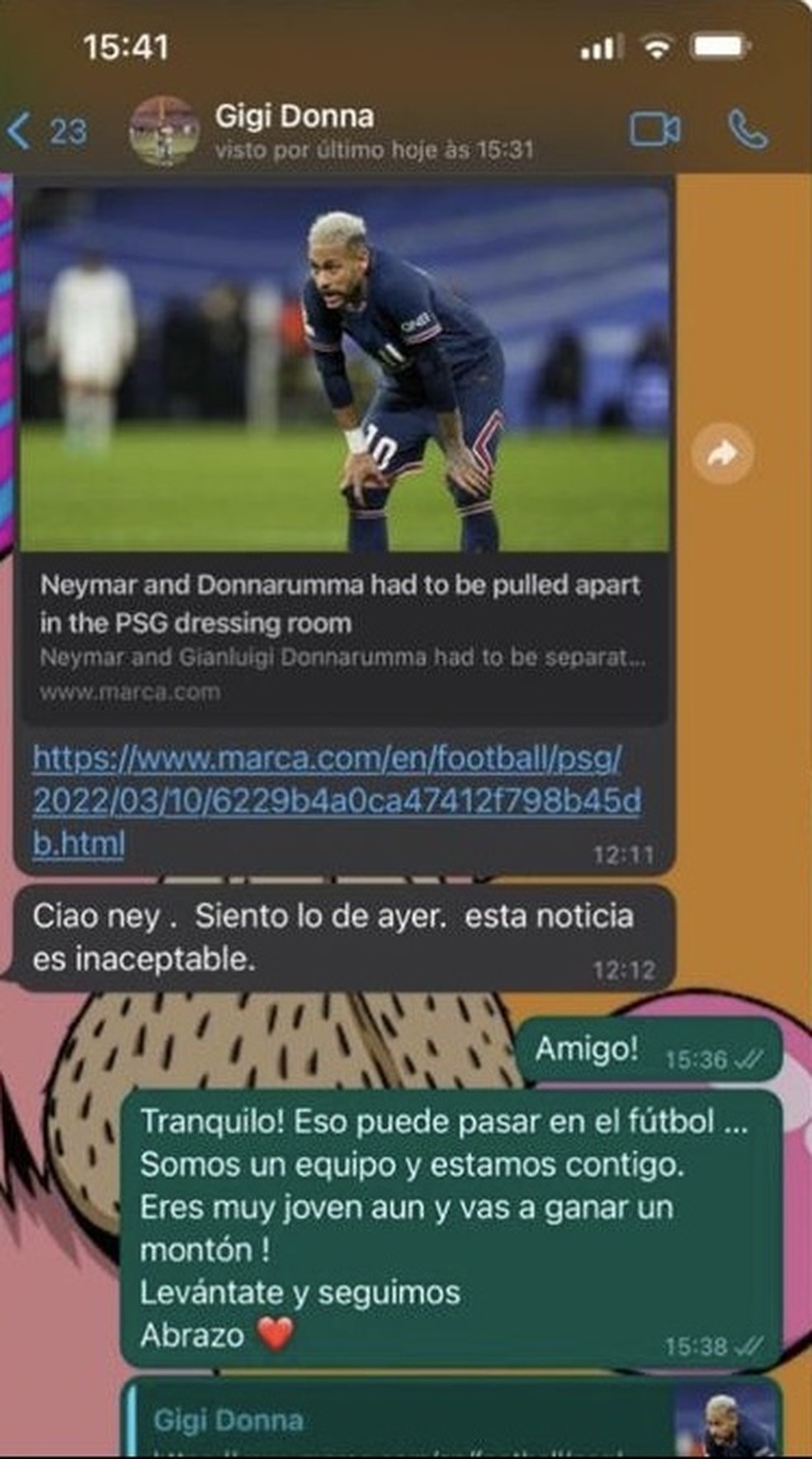 Neymar publica print de conversa de Whatsapp com Gianluigi Donnarumma â Foto: ReproduÃ§Ã£o