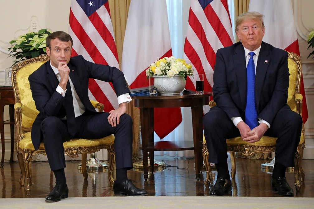 Emmanuel Macron e Donald Trump durante encontro de cúpula da Otan em Londres, em 3 de dezembro de 2019 — Foto:  Ludovic Marin/Pool via Reuters