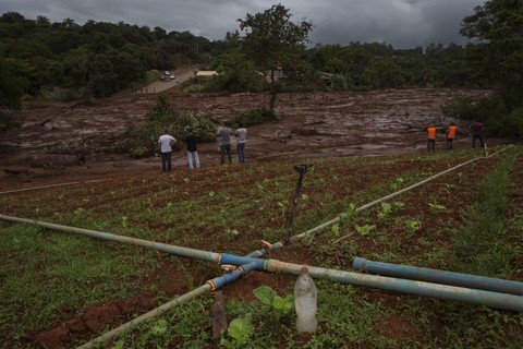 Horta com equipamentos de irrigação atingida pela lama