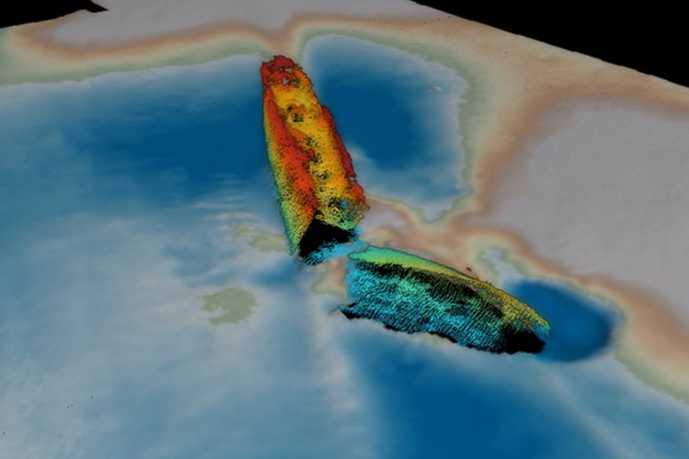 Sonar possibilitou mapeamento de destroços do SS Mesaba, o que revelou detalhes que possibilitaram sua identificação — Foto: Universidade de Bangor