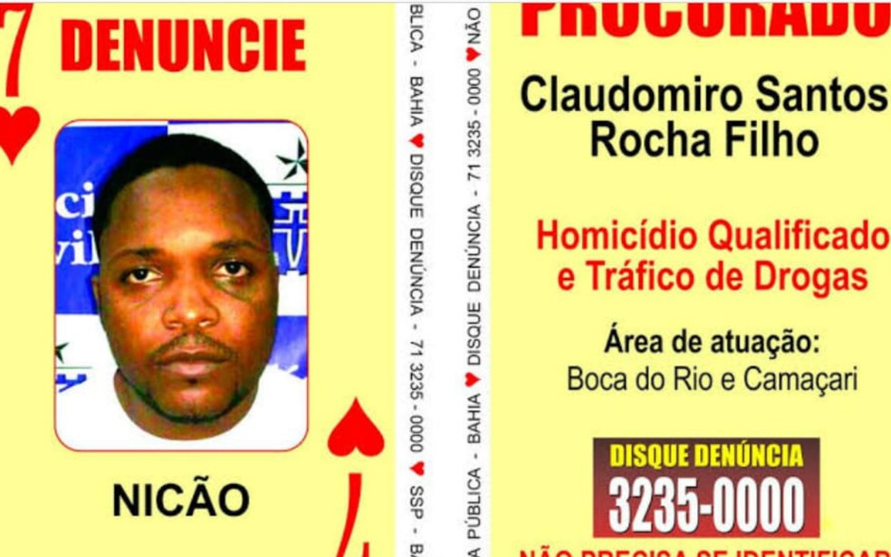 Ex 'Sete de Copas' do Baralho do Crime Ã© morto a tiros em Salvador â€” Foto: DivulgaÃ§Ã£o/SSP-BA