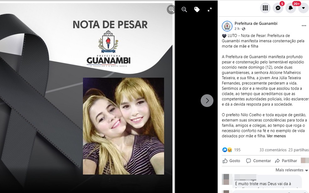 Nota de pesar emitida pela prefeitura de Guanambi após mortes de mãe e filha  — Foto: Reprodução/Redes Sociais