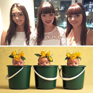 As trigêmeas Alesha, Chantelle e Kailee, fotografadas em vasos de plantas em 1994, acabaram de se graduar em diferentes universidades. (Foto: Reprodução / Instagram)