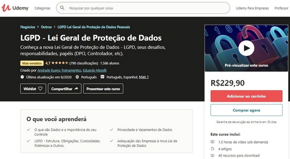 Udemy reúne vários cursos pagos sobre a Lei Geral de Proteção de Dados Pessoais — Foto: Reprodução/Raquel Freire