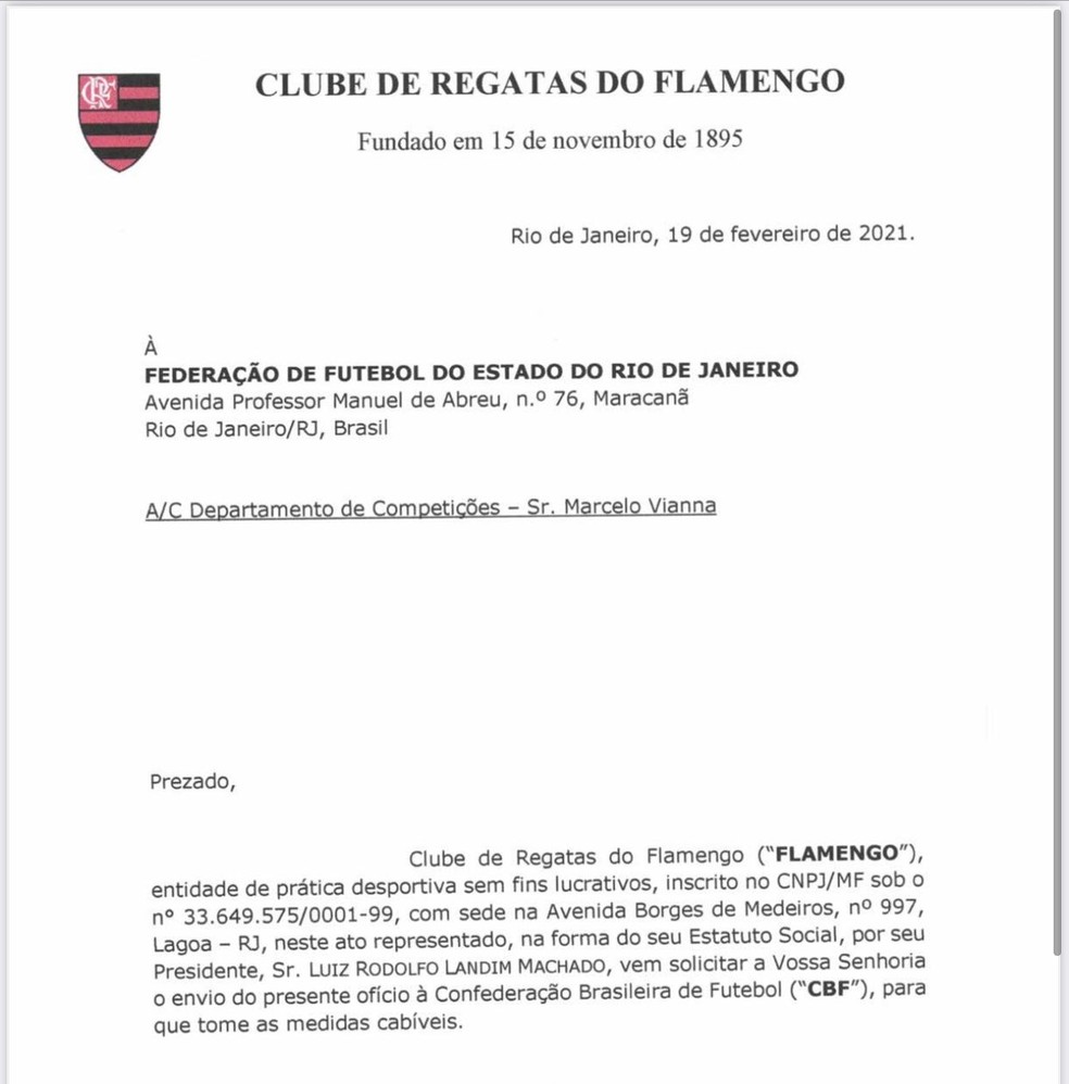 Ofício Flamengo Inter arbitragem — Foto: ge