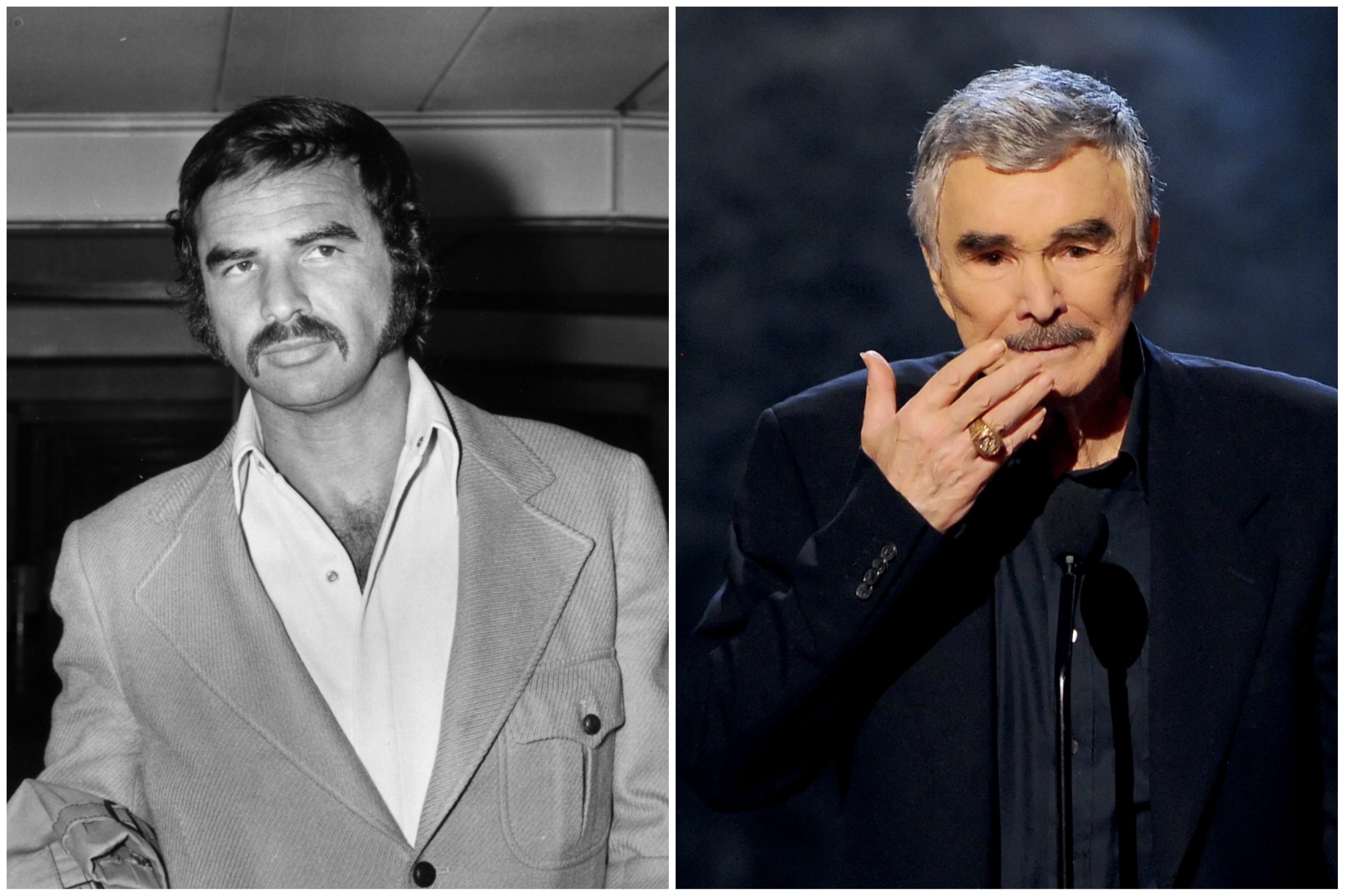 O ator Burt Reynolds aos 38 anos (à esq.) e aos 77. Ele fez 78 em fevereiro de 2014. (Foto: Getty Images)