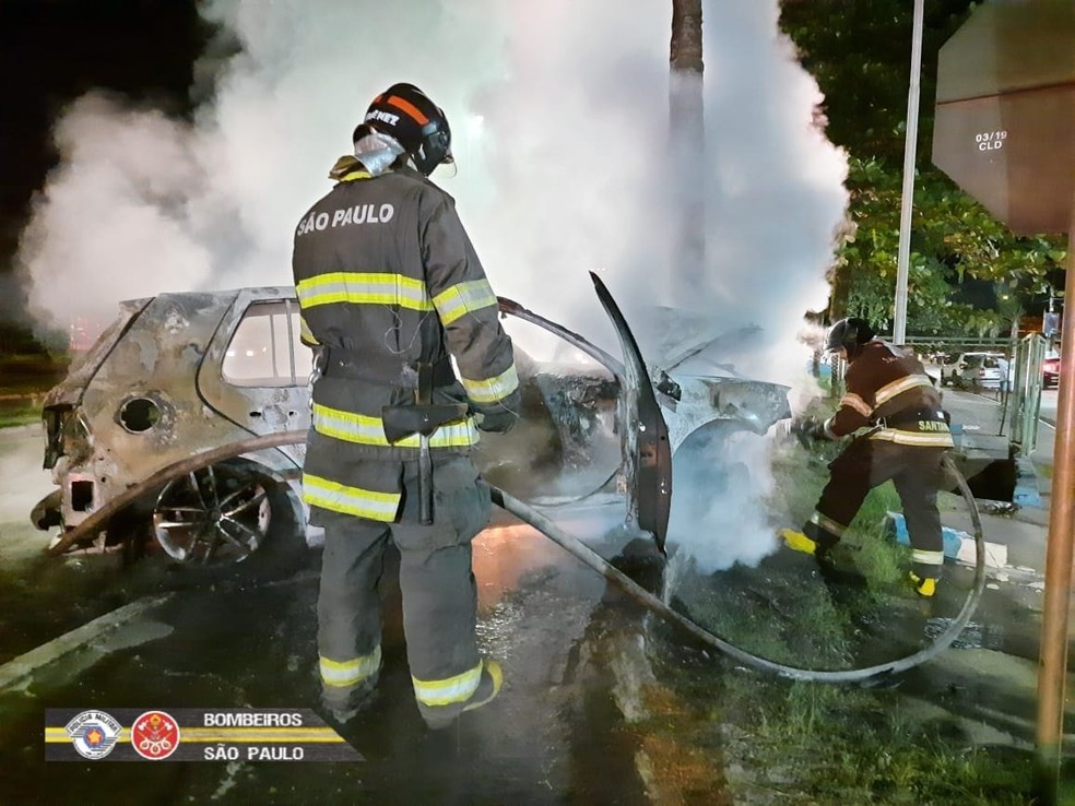 Carro pega fogo após bater em coqueiro em São Sebastião — Foto: Divulgação/Corpo de Bombeiros