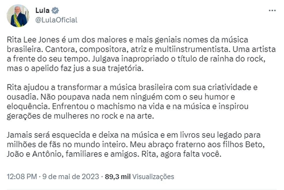 Lula lamenta morte da cantora Rita Lee — Foto: Twitter/Reprodução