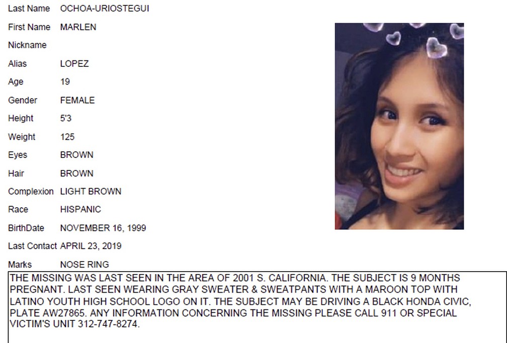 Marlen Ochoa-Lopez, de 19 anos, estava desaparecida desde o dia 23 de abril. O corpo dela foi encontrado nesta quarta-feira (15). â€” Foto: Chicago Police/Chicago Tribune via AP