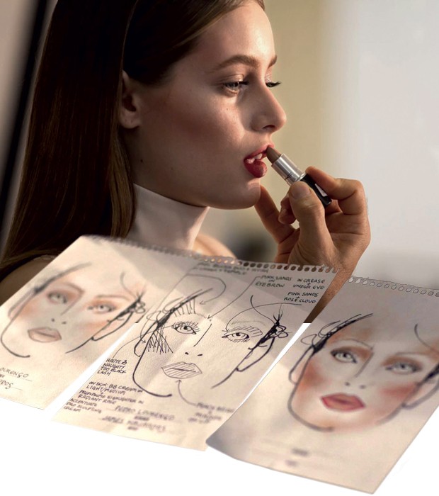 A modelo brasileira Thairine Garcia, rosto da campanha, e face charts da coleção (Foto: Reprodução)