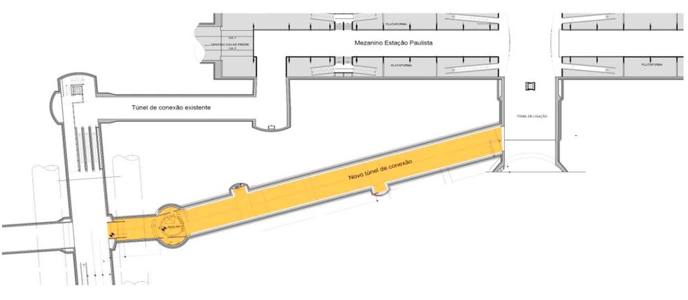 Projeto do Metrô para a construção do novo túnel de passageiros de 90 metros entre as estações Consolação (Linha Verde) e Paulista (Linha Amarela). — Foto: Divulgação/Metrô