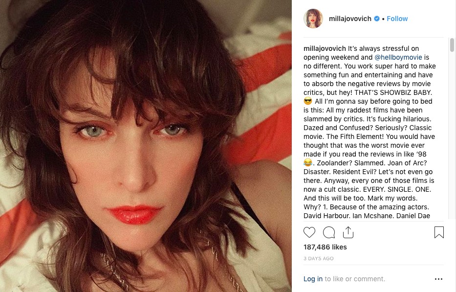 O post da atriz Milla Jovovich sobre as críticas ao filme Hellboy (2019) (Foto: Instagram)