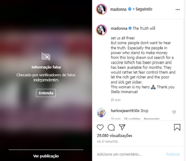 Madonna é notificada por fake news (Foto: Reprodução/Instagram)