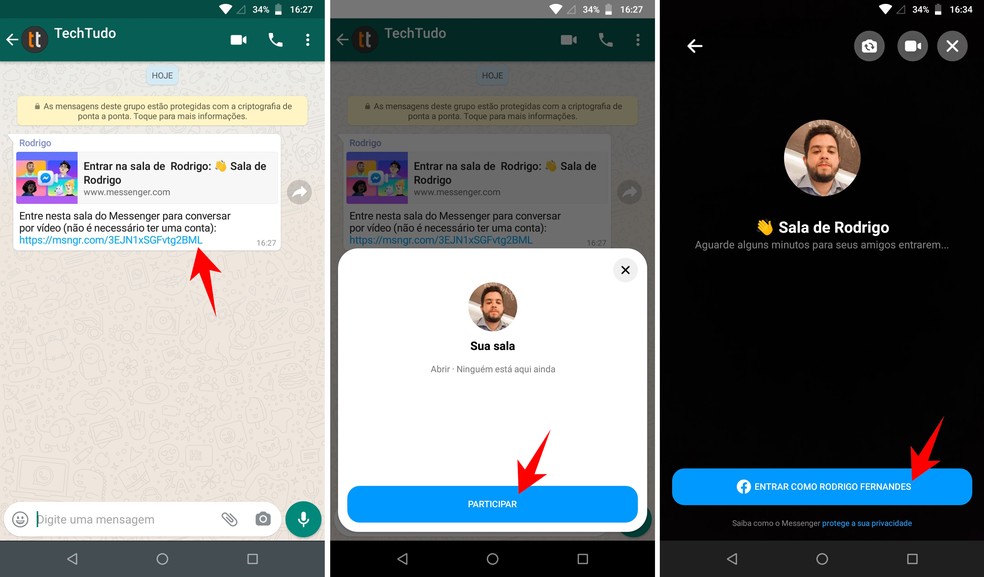 Entrando em uma sala do Messenger Rooms através de link do WhatsApp — Foto: Reprodução/Rodrigo Fernandes