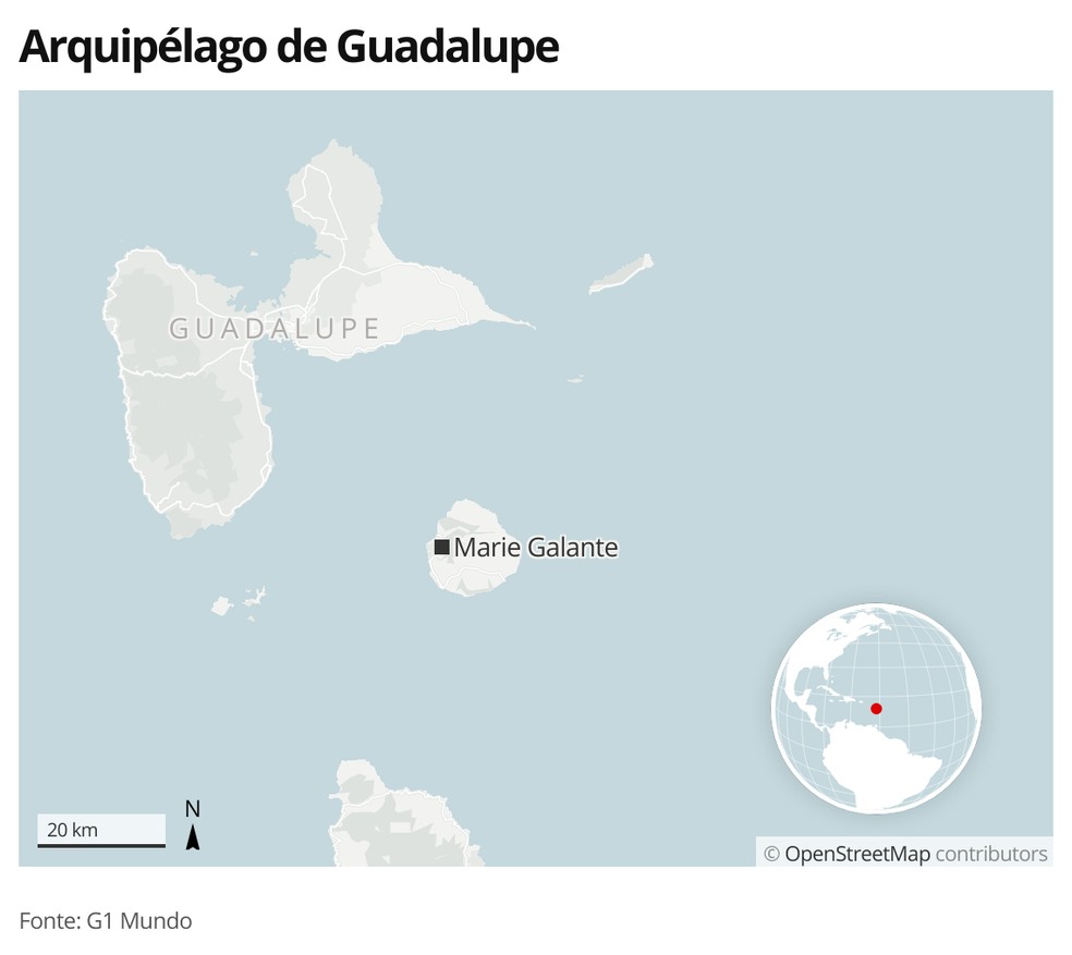 Mapa identifica a ilha de Marie Galante, no arquipélago de Guadalupe — Foto: G1 Mundo