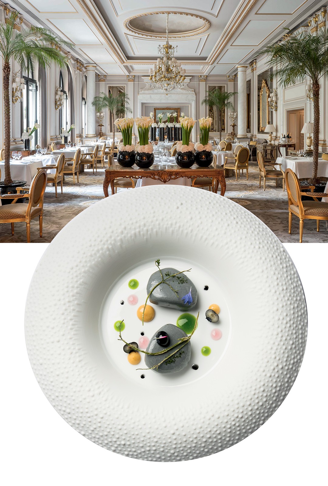 Le Cinq: Os salões do Le Cinq e o foie gras apresentado como pedra do restaurante (Foto: divulgação)