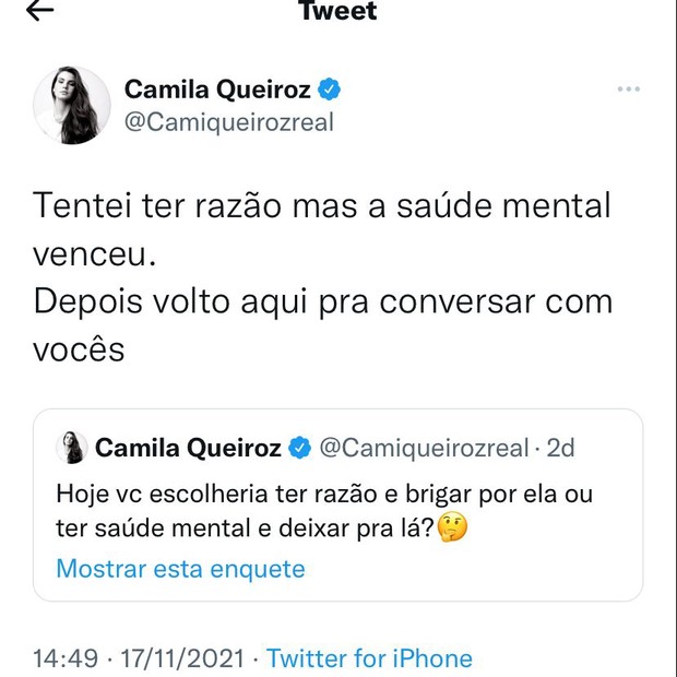O tweet de Camila Queiroz (Foto: Reprodução Twitter)