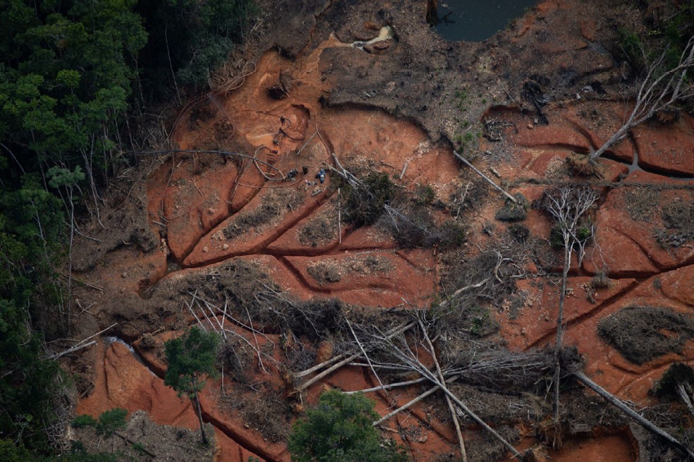 Assoreados, os cursos dos rios viram cicatrizes na terra destruída pelo garimpo ilegal — Foto: Bruno Kelly/ HAY