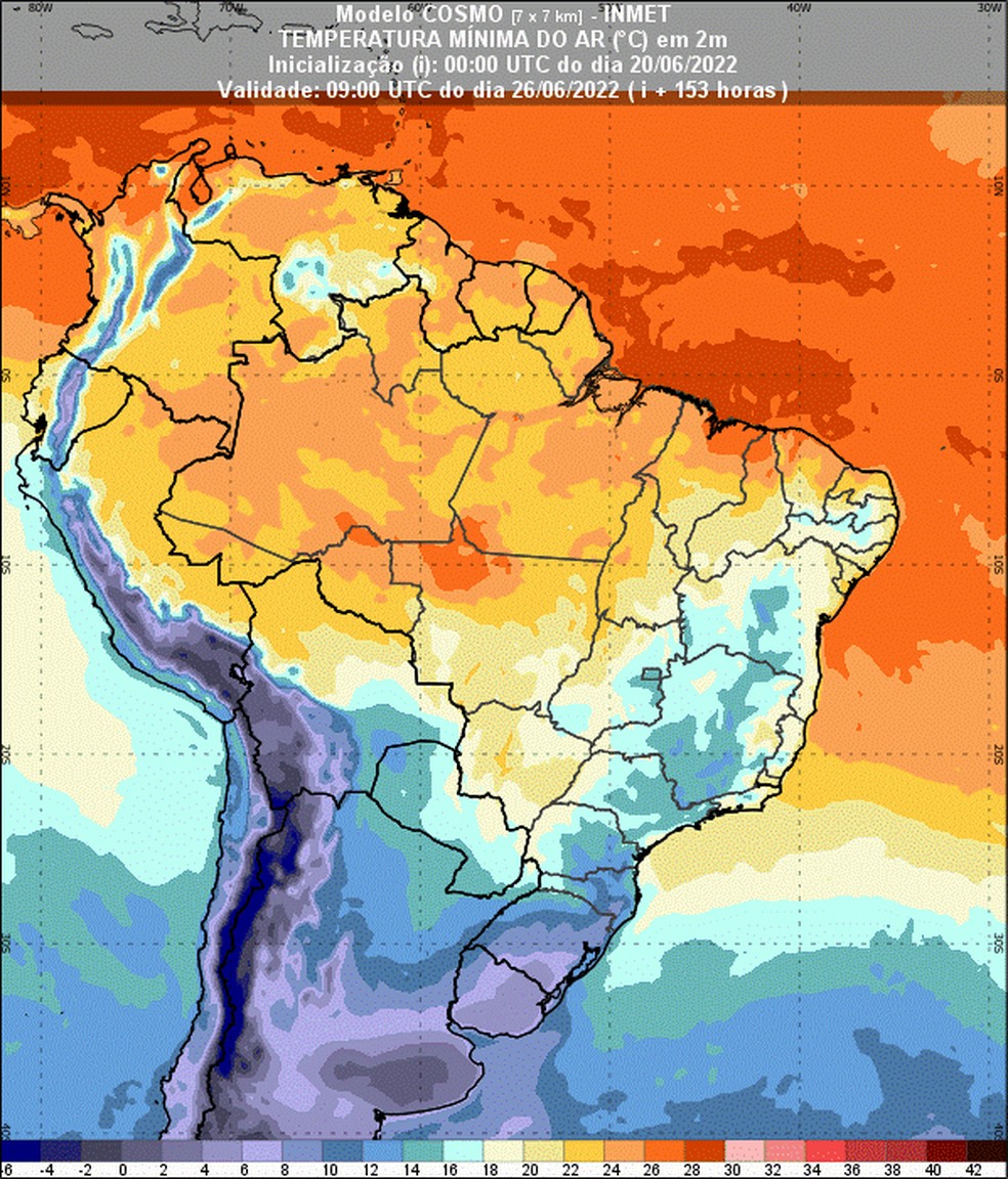 Previsão de temperatura mínima para o dia 26 de junho de 2022 às 6h. — Foto: INMET