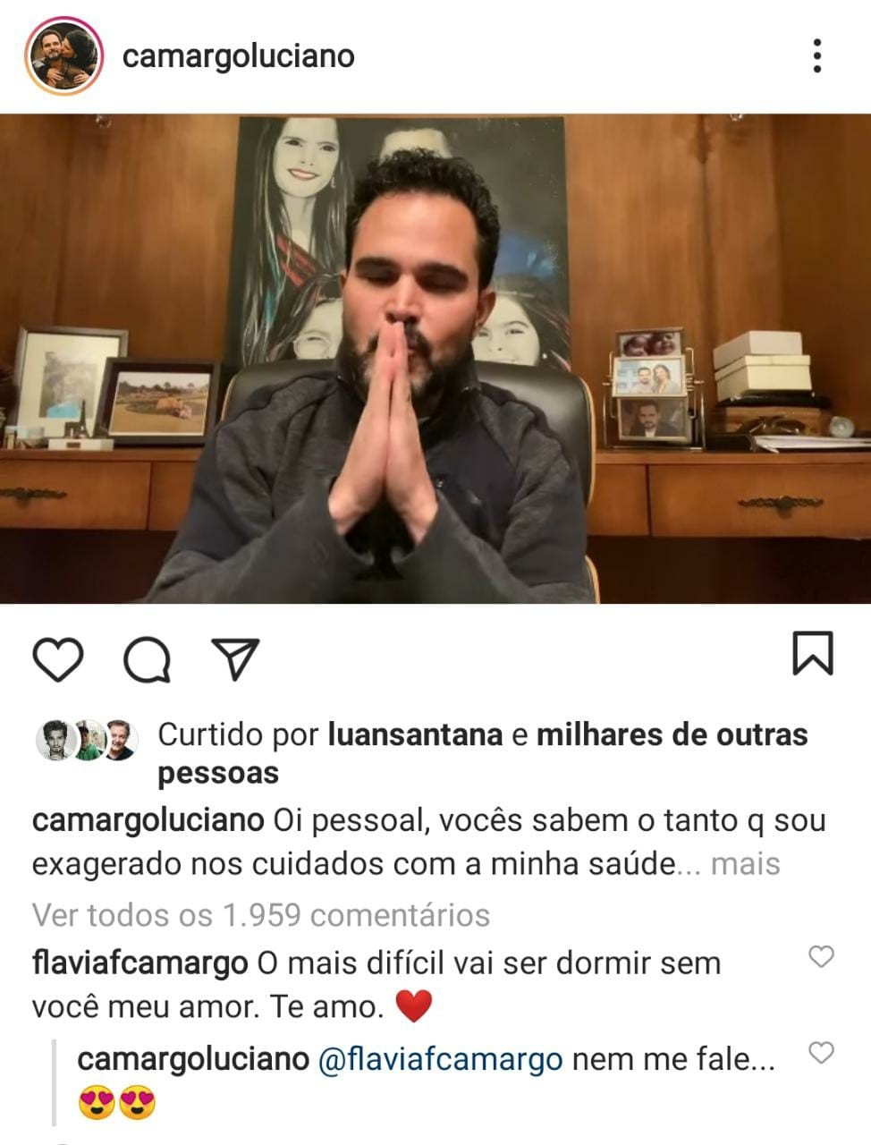 Flávia Camargo lamenta isolamento de Luciano Camargo, diagnosticado com Covid-19 (Foto: Reprodução/Instagram)