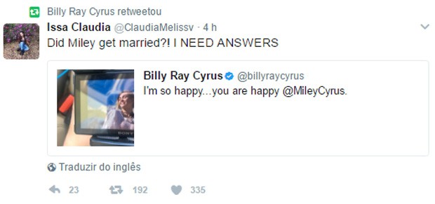 Pai de Miley Cyrus deixa fãs eufóricos com suposto casamento da cantora (Foto: Reprodução/Twitter)