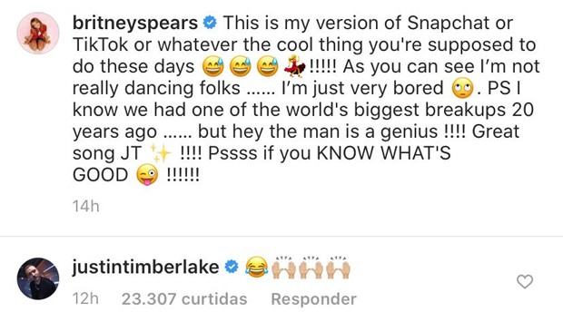 Justin Timberlake reagiu ao vídeo de Britney Spears (Foto: Reprodução / Instagram)