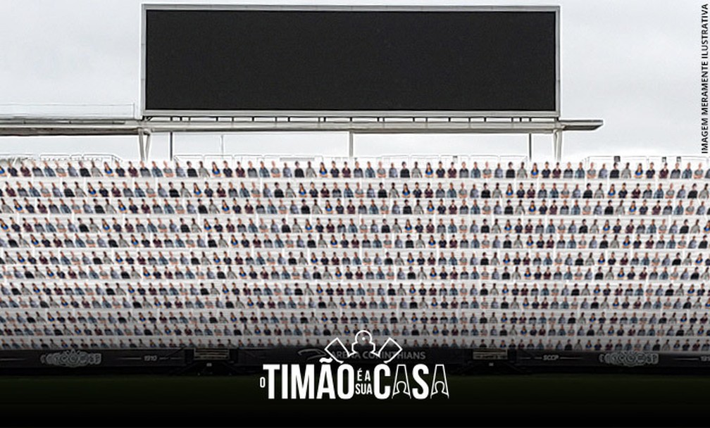 Ação na Arena Corinthians com a imagem de torcedores num bandeirão — Foto: Divulgação