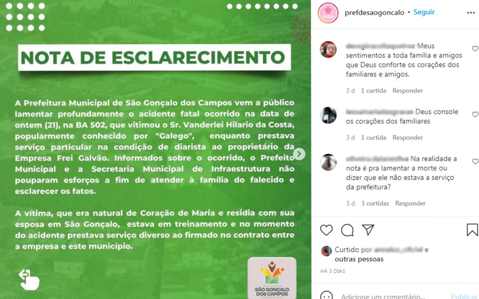 Nota da prefeitura de São Gonçalo sobre suspensão da coleta de lixo — Foto: Reprodução/Rede Sociais