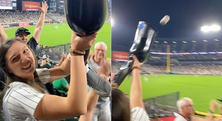 Torcedora usa prótese de perna da amiga para pegar bola de beisebol (Foto: Reprodução / TikTok)