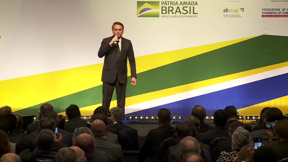 Presidente Jair Bolsonaro fala a investidores brasileiros e israelenses nesta terÃ§a-feira (2) â?? Foto: ReproduÃ§Ã£o/GloboNews