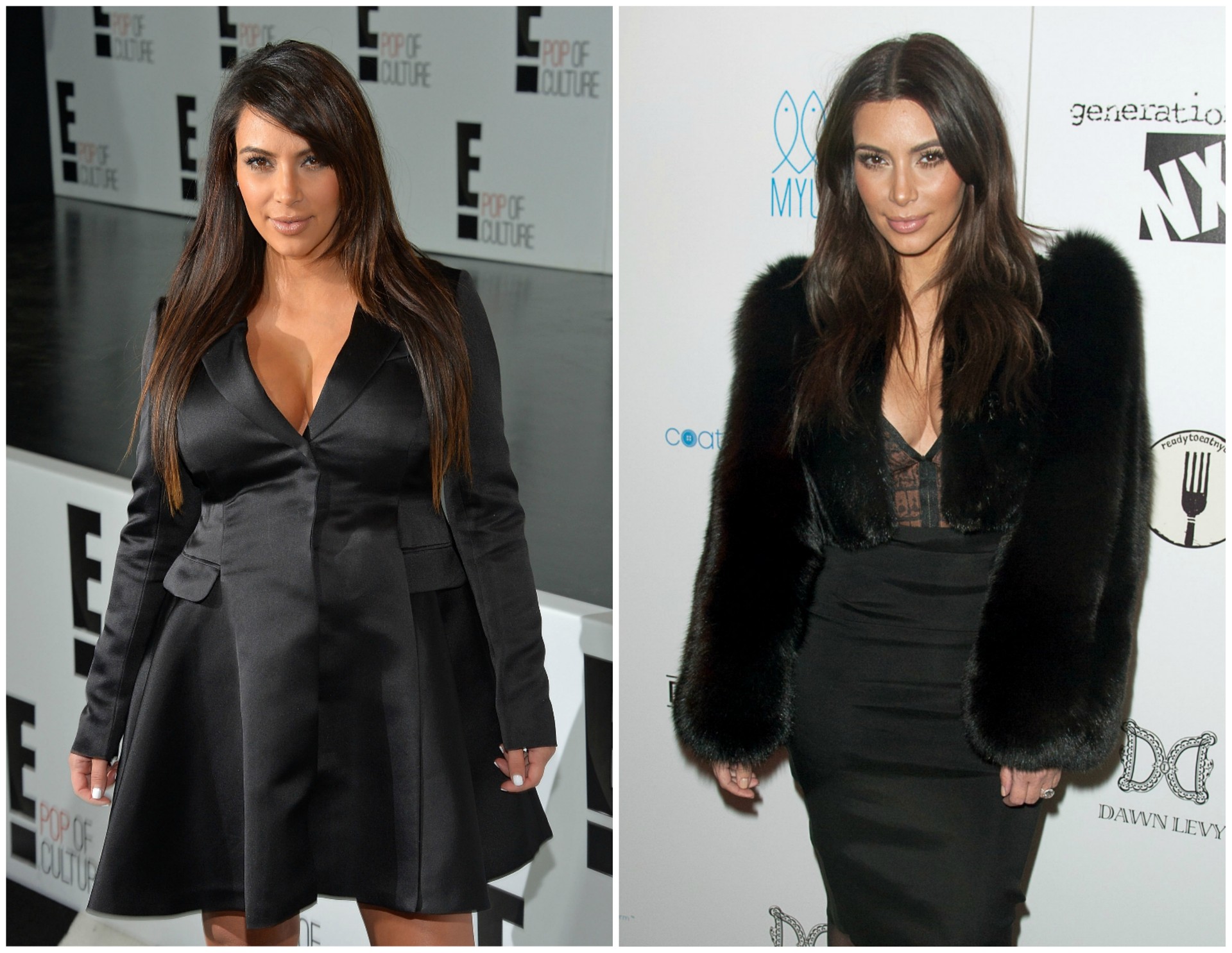 Kim Kardashian em abril de 2013 (à esq.) e em fevereiro de 2014. A socialite deu à luz a filha North West em 15 de junho de 2013. (Foto: Getty Images)