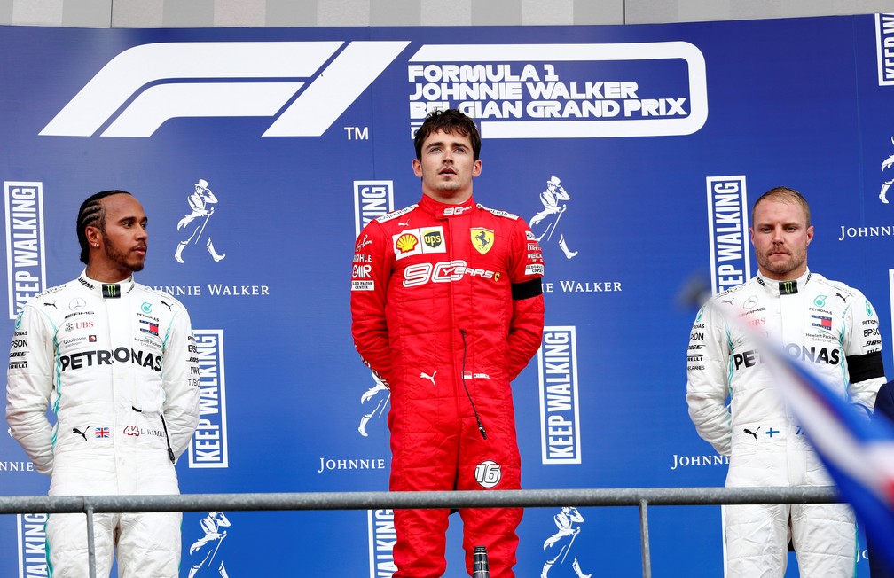 Hamilton, Leclerc e Bottas no pÃ³dio de Spa-Francorchamps â€” Foto: Reuters