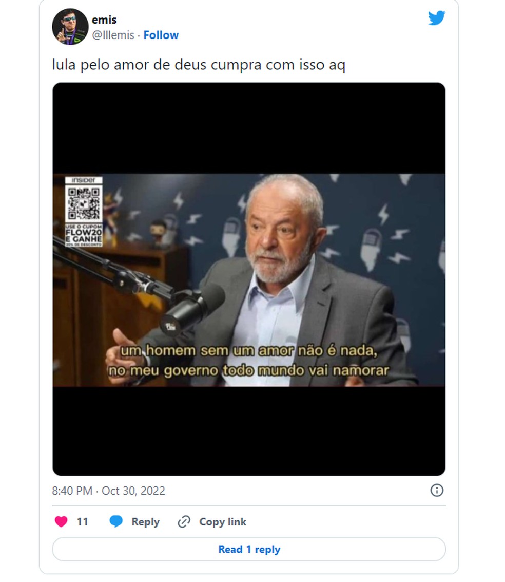 No Twitter, meme pediu que Lula cumprisse a promessa de campanha e arranjasse namoro para todos os brasileiros &mdash; Foto: Reprodu&ccedil;&atilde;o/Twitter